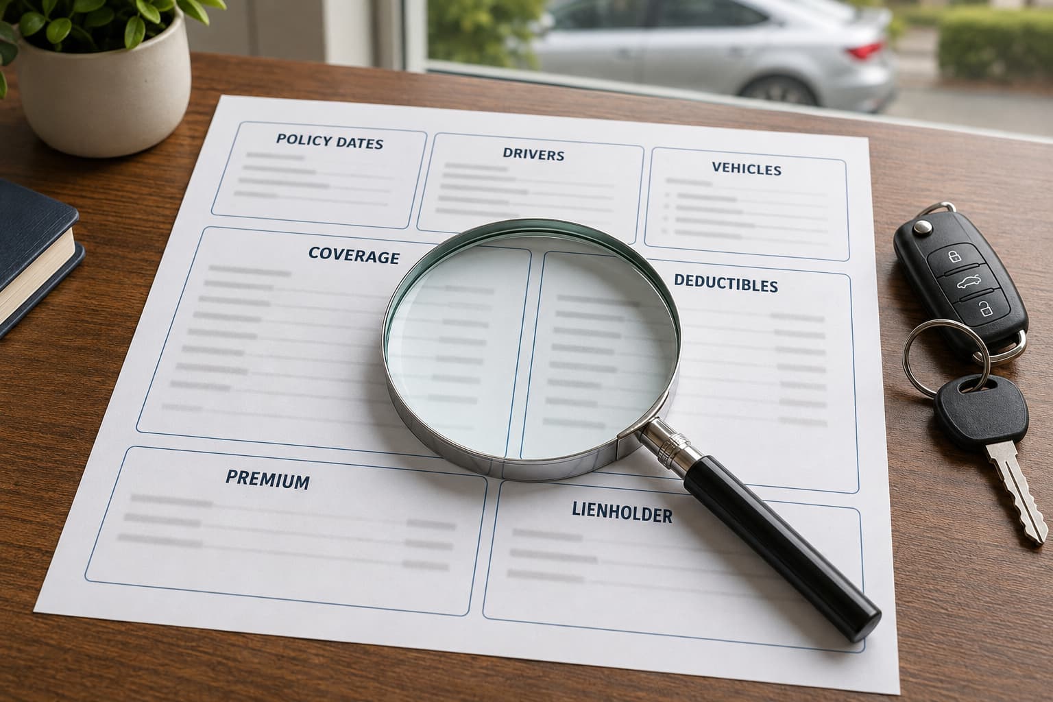 Car insurance declarations page showing coverage, deductibles, vehicles, drivers, premium, and lienholder sections.