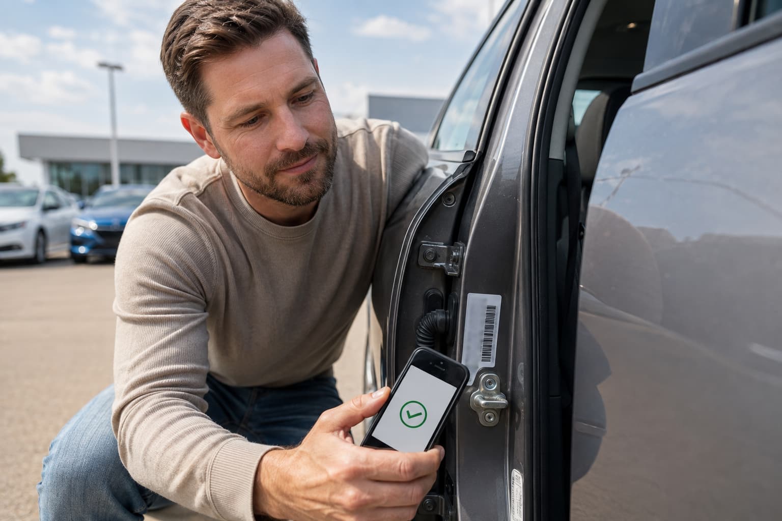 Oklahoma City car buyer scanning a VIN before updating a car insurance quote.