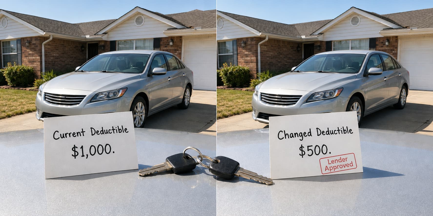 Deductible on a financed car in Del City changing from $1,000 to a lender-approved $500.