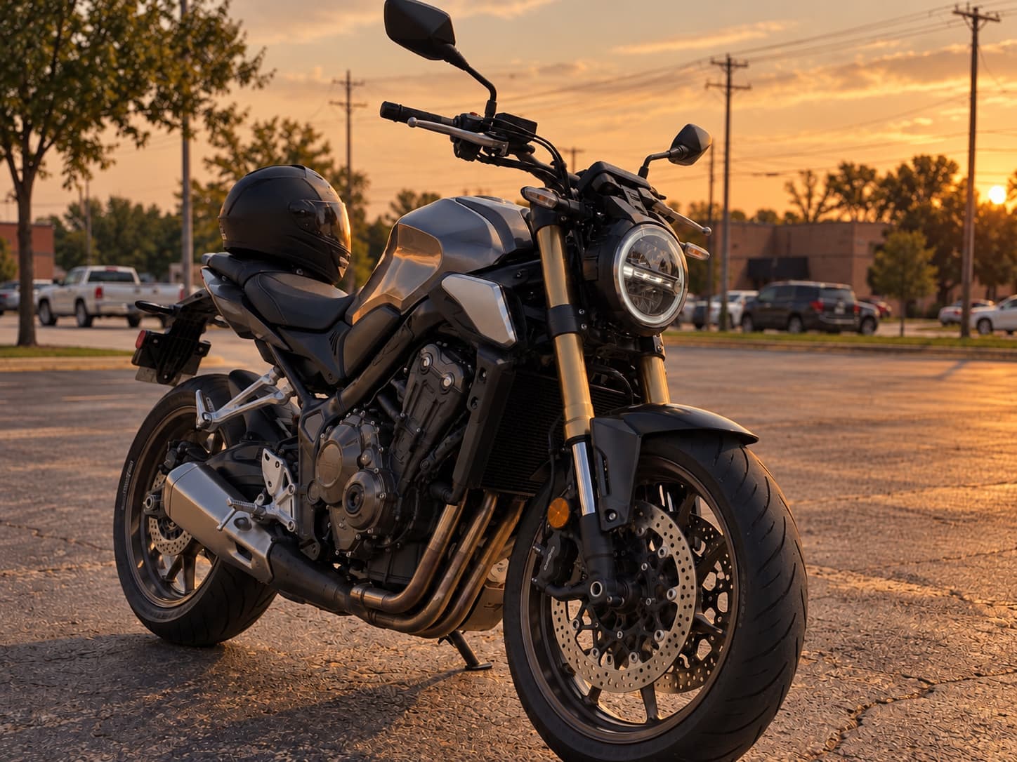 Motorcycle parked in Oklahoma City at sunset