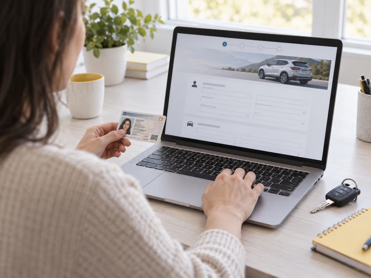 Person completing an online car insurance quote with a state ID and car keys beside a laptop.