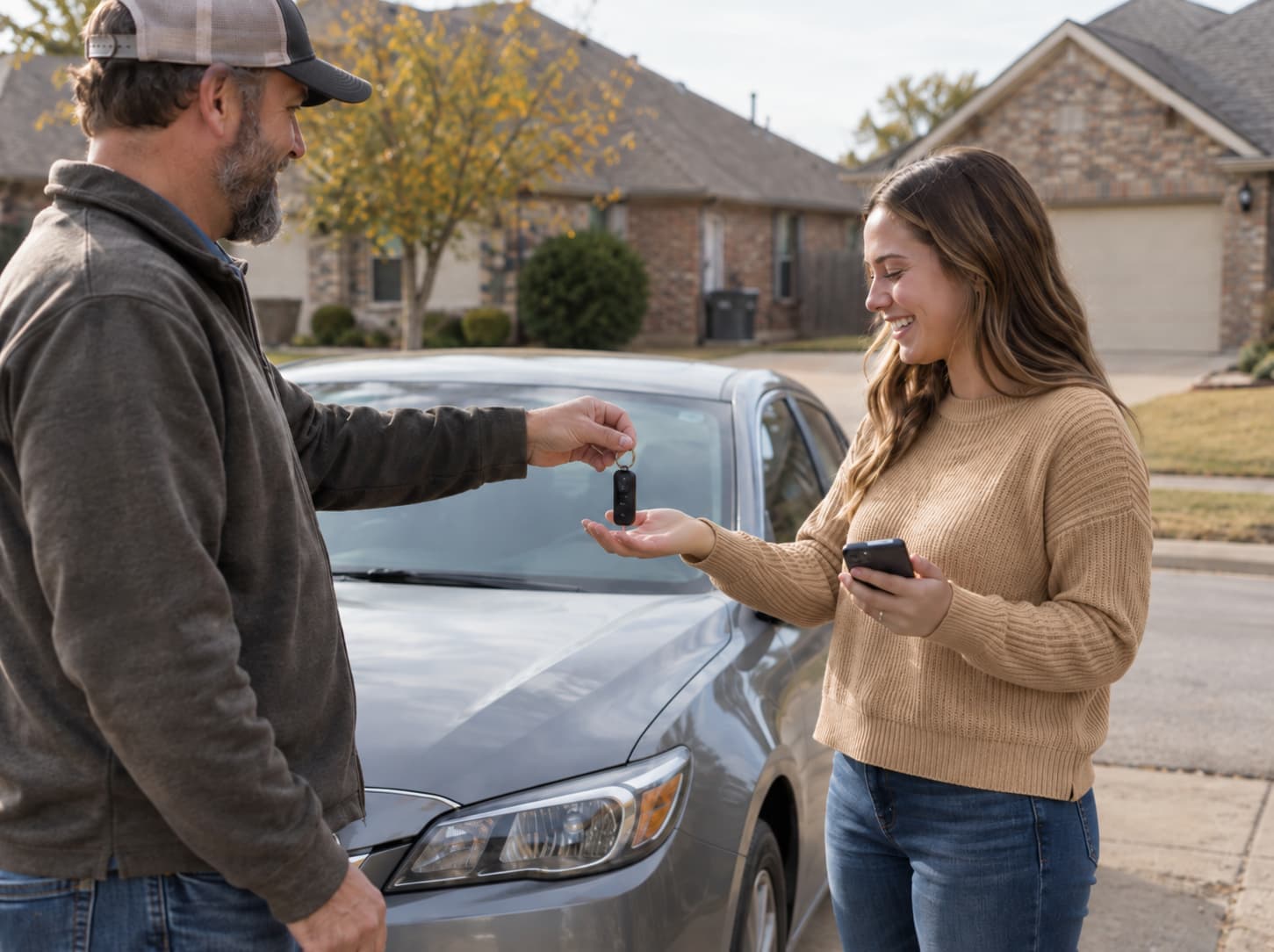Private seller handing car keys to a buyer after a vehicle sale in Oklahoma City.