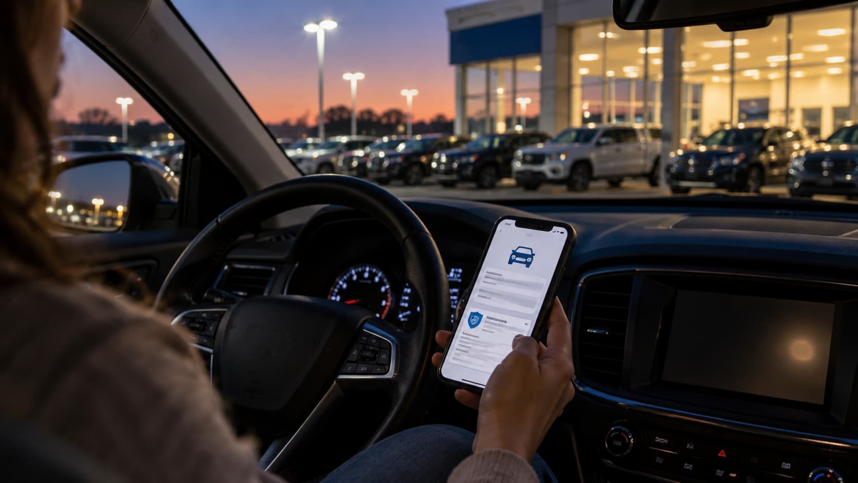 Driver checking a digital car insurance card on a smartphone while parked at a Broken Arrow dealership in the evening.