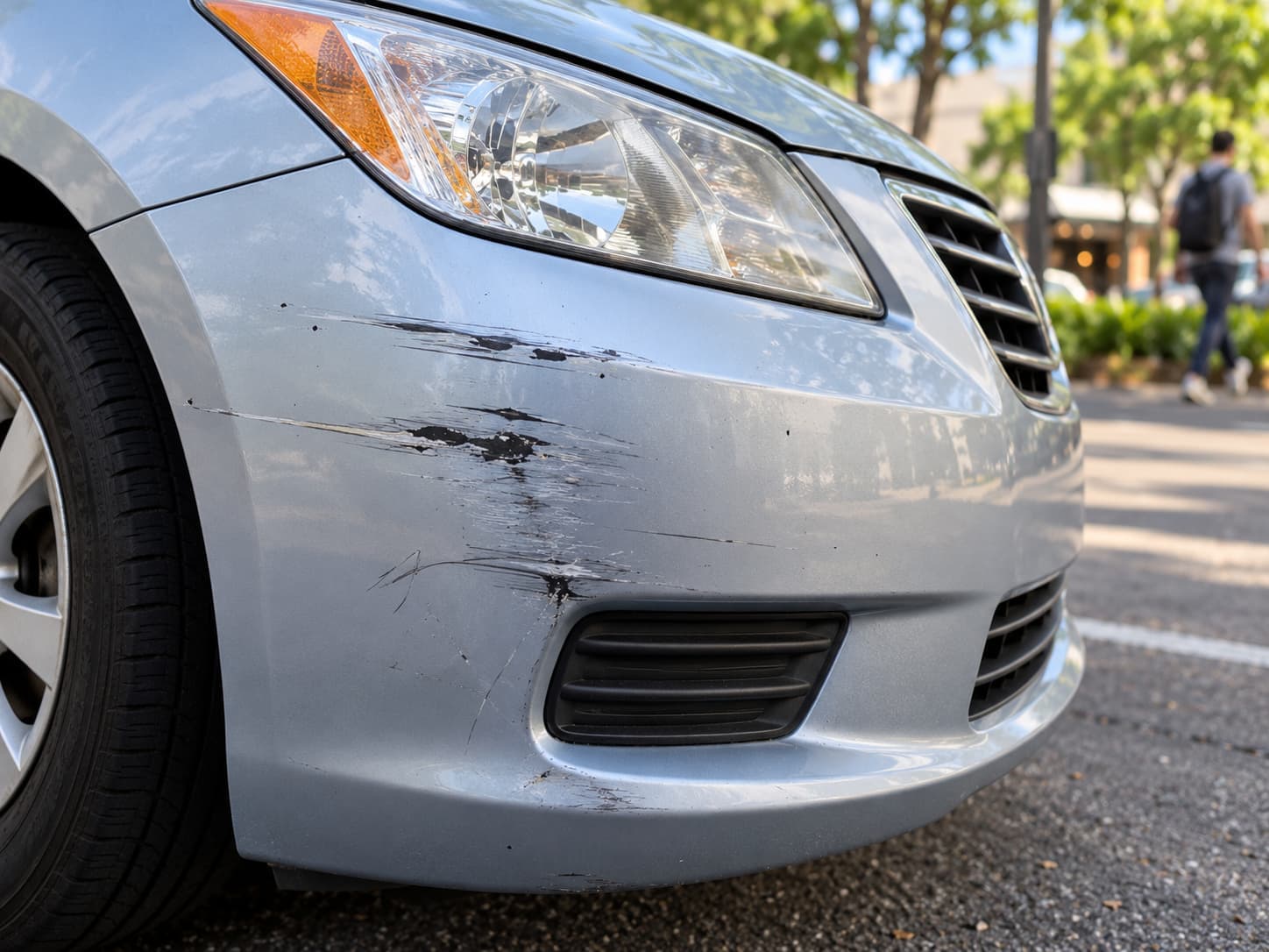 Close-up of scratches and scuff marks on the front bumper of a silver sedan in Tulsa, Oklahoma.