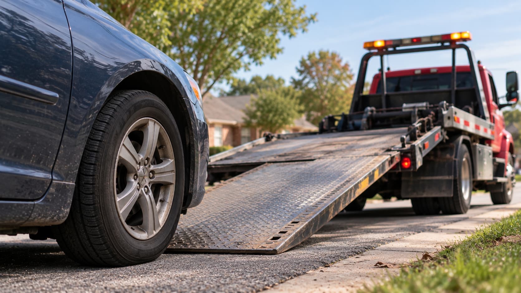 A dark blue sedan being loaded onto a red flatbed tow truck on a residential street in Oklahoma.