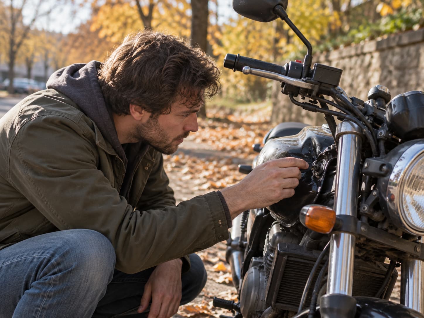 Motorcycle owner inspecting the ignition area of a parked motorcycle for possible theft-related damage.