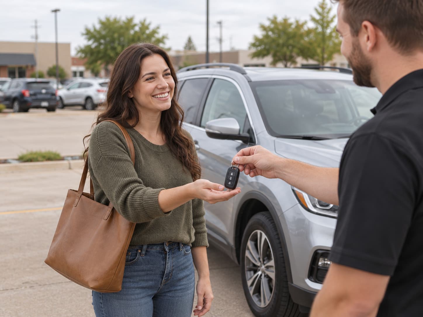 Woman receiving keys to a rental SUV from a rental car representative in an outdoor parking lot.