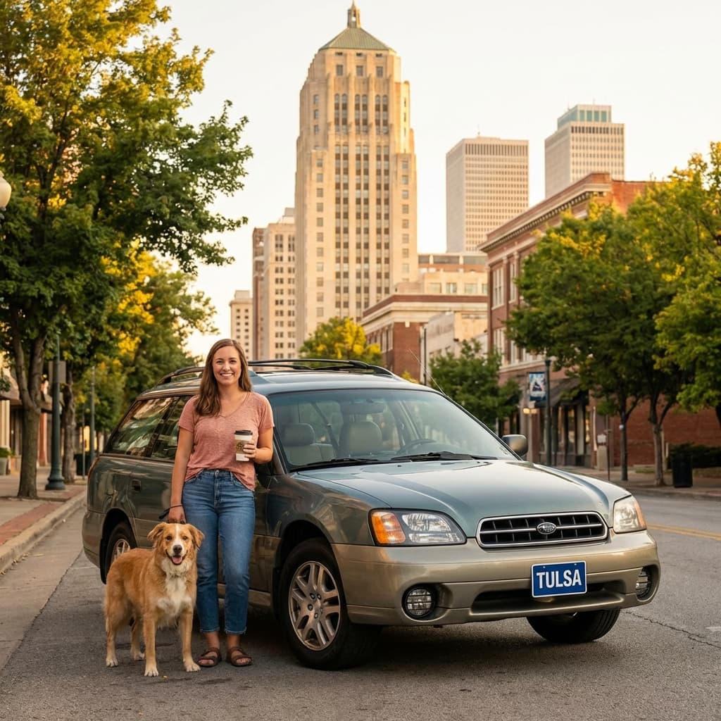 Woman with dog standing by car in downtown Tulsa, representing local auto insurance coverage