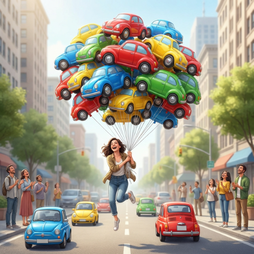 Woman floating with colorful car balloons above a city street, symbolic illustration related to car ownership or auto insurance.