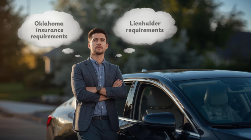 Driver standing beside a car thinking about Oklahoma full coverage auto insurance requirements versus lienholder insurance requirements.